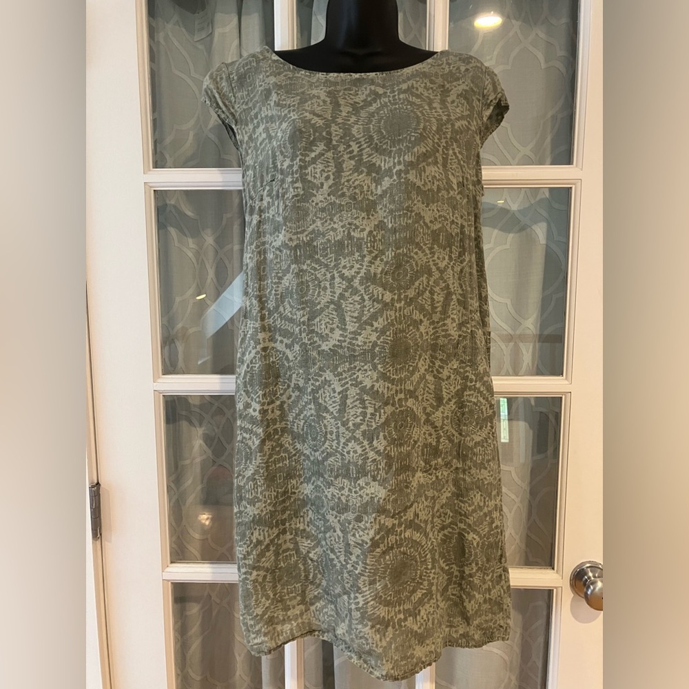 Lina Tomei Italian-made Green Linen Patterned Women's Dress size XL EUC